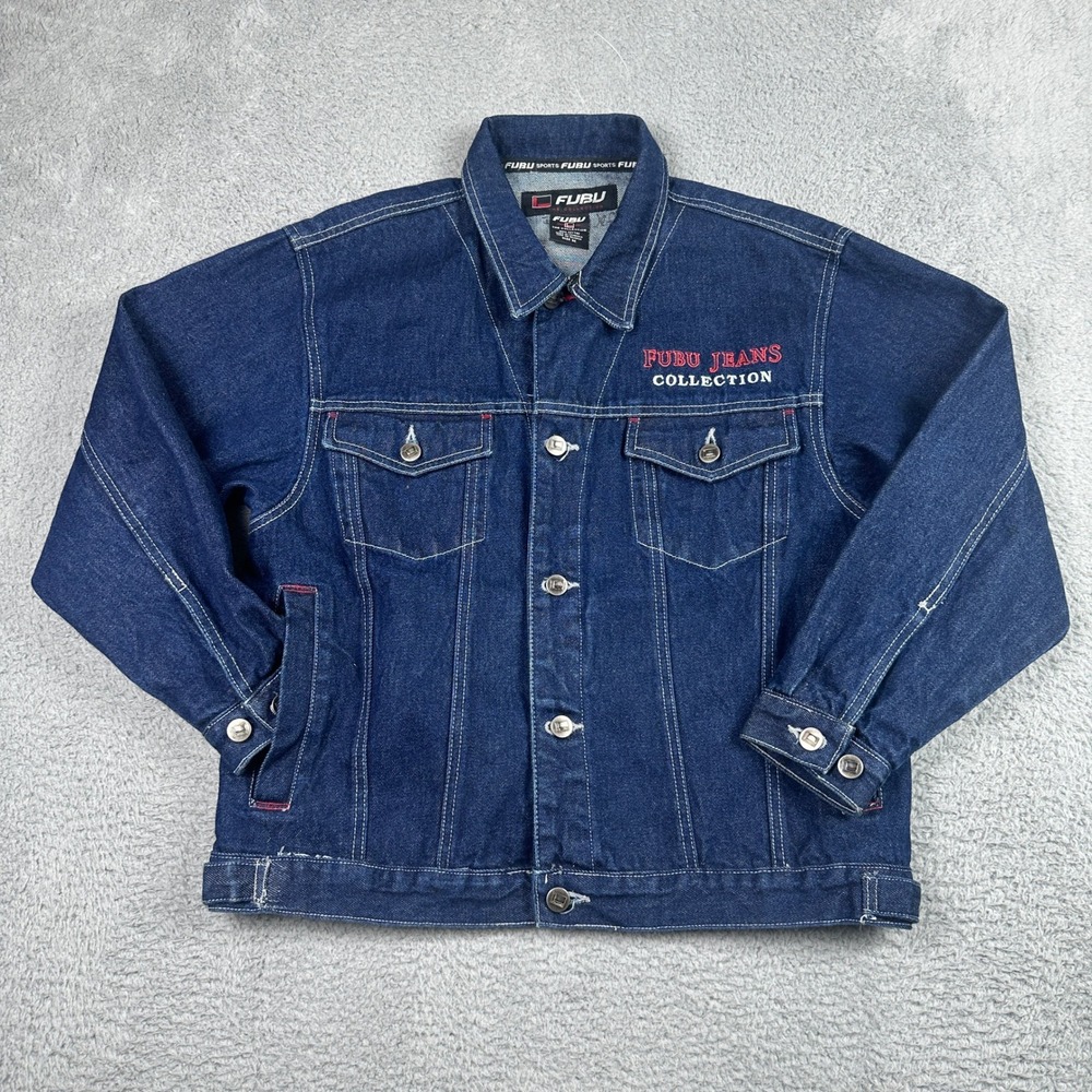 FUBU Jeans Vintage 90s Trucker Denim Jacket Mens Medium Blue Streetwear Hip Hop